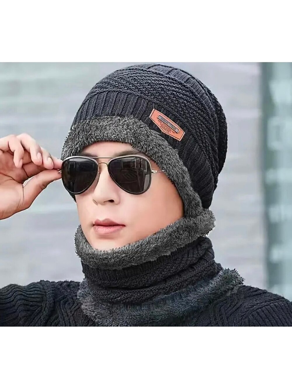 New - Lightweight - Unisex Knit Beanie and Velvet Neck Gaiter - Dark Gray